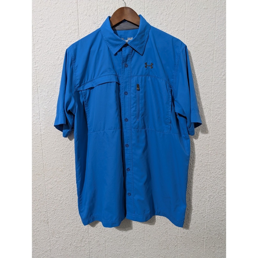 Under Armour Shirt Mens Size M Blue HeatGear Short Sleeve Button Up Outdoor